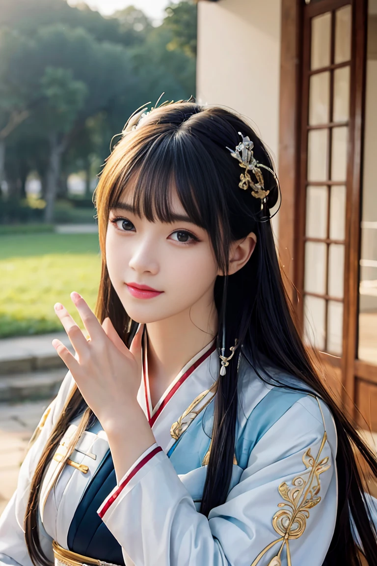 (best quality,4k,8k,highres,masterpiece:1.2),ultra-detailed,(realistic,photorealistic,photo-realistic:1.37),portrait,beautifull,extremely detailed eyes,extremely detailed face,soft skin,graceful appearance,long thick lashes,elegant nose and lips,enchanting smile,traditional korean hanbok,ornate hanbok embroidery,gorgeous color palette,rich textures,royal palace background,serene atmosphere,natural lighting,subtle highlights
