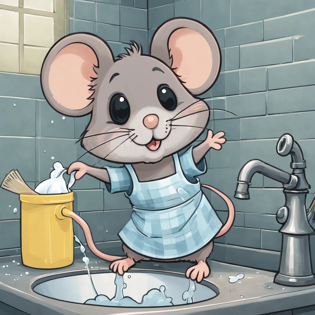 (((cute_mouse) washing_up industriously) comic_book illustration)