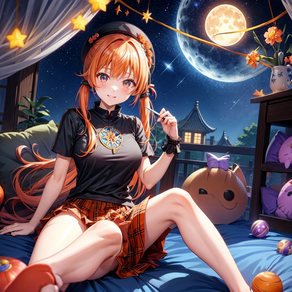 Orange hair、poneyTail、verd s eyes、one good looking girl、独奏、animesque、lightly dressed、Plaid miniskirt、a black T-shirt、fullmoon、Meteor swarm、large tree、Glittering starry sky、rainbow butterfly flying、Colorful marbles、sitting on、golden castle、flower petals、thread、Skysky、inside in room、holding pillow