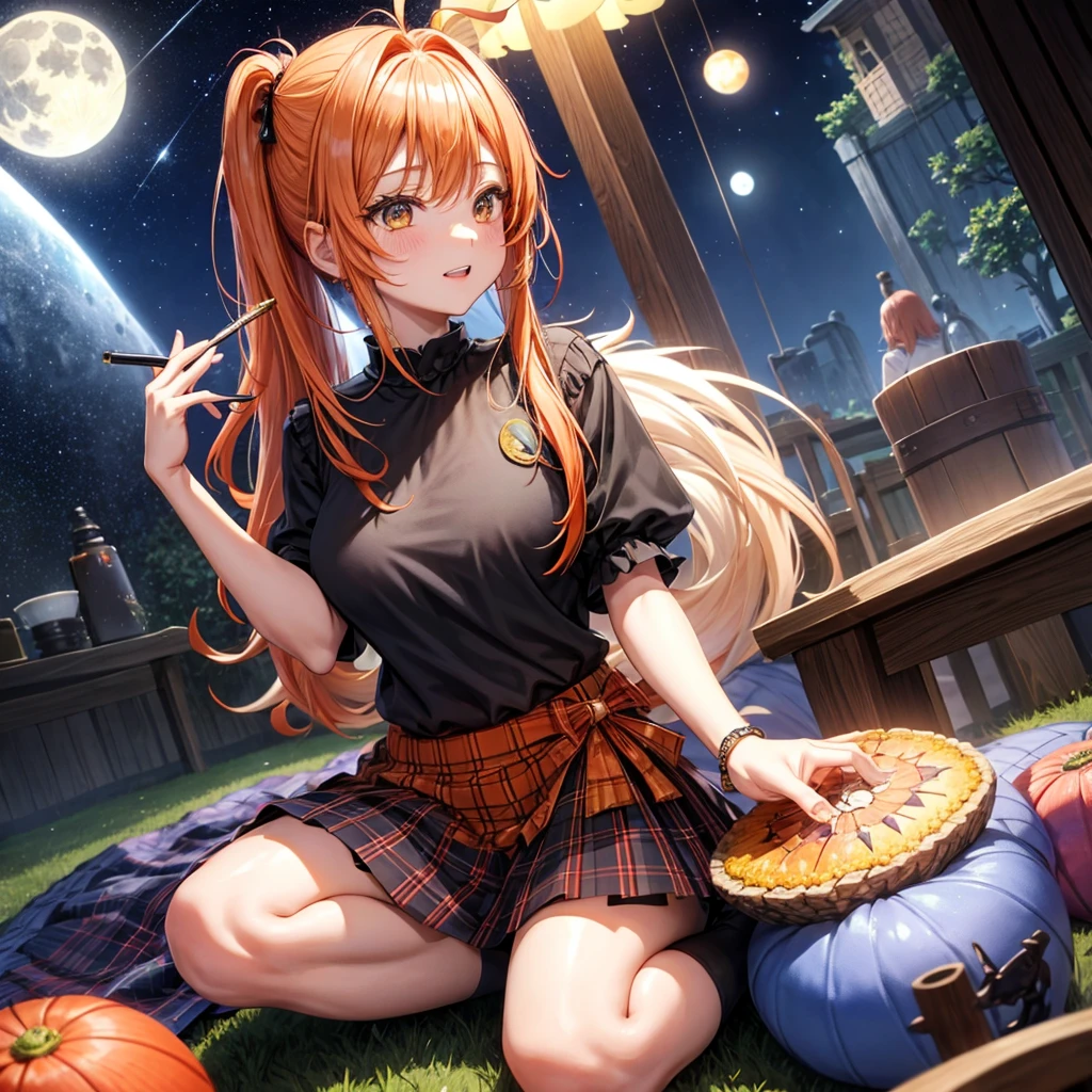 Orange hair、poneyTail、verd s eyes、one good looking girl、独奏、animesque、lightly dressed、Plaid miniskirt、a black T-shirt、fullmoon、Meteor swarm、large tree、Glittering starry sky、rainbow butterfly flying、Colorful marbles、sitting on、golden castle、flower petals、thread、Skysky、inside in room、penmanship