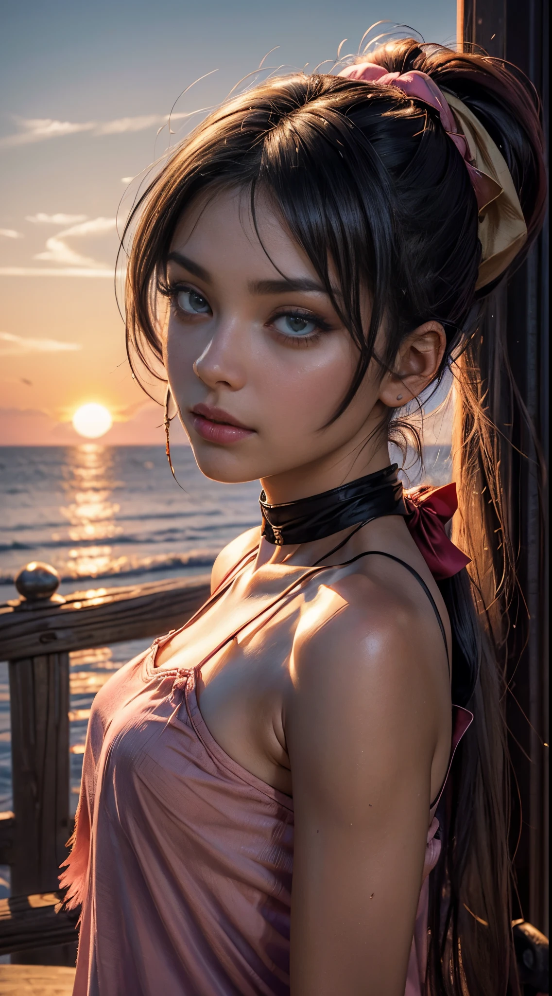 on wooden pier, (radiator cap:1.2), (pink camisole:1.4), 1 sister, fully reserved, looking at viewert, (Extreme closeup, ECU, Full face shooting:1.3), (Detailed faces:1.4), (photore:1.2), dyeing, Content, relaxed, Smile gently, (Shoulder-length hair:1.3), (foundation, liquids , mascara, Red fluttering face, Smoky eye makeup, lipsticks:1.3), nail polish, (The beautiful, A gorgeous one, flawless complexion:1.2), hair pin, shairband, ribbons, gloss on the lips, bright, Sardas, antique rose, rustic brown, warm beige, Grayish blue, faded olive color, Eternal, (the sunset, natta:1.25), fc detail portrait, professional photoshooting, HighDynamicRange (HighDynamicRange), sub surface scattering, actual, heavy shadow, The main part, hyper realisitc, A high resolution, Proportions of gold, the rule of thirds, iintricate, high detal, movie movie photos, SLR camera, (hair tied up in a pony tail:1.3), (eBlue eyes:0.8), black hair color hair