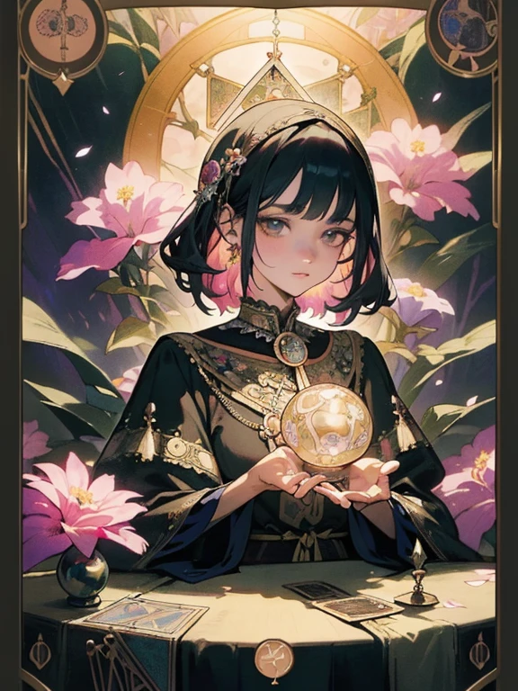 Top quality, masterpiece, high resolution, perfect detail, (very fine and beautiful: 1.1), (official art, beautifully aesthetic: 1.2), (fractal art: 1.3), (lots of flower effects: 1.4), 1girl, looking_at_viewer, portrait, solo, very vivid colorful, (many flower effects: 1.3), A lot of petals, beautiful light, Fine Beauty, (Detailed face with fine eyes: 1.1), (Beautiful and clear background: 1.1), a beautiful woman fortuneteller & crystal, (Tarot cards: 1.4), lace, ribbon, flowers and petals, beautiful concept illustration, A highly decorated fortune teller's tent stands in a dark alleyway, Inside, an ugly old woman in a strange gypsy costume sits at a table, her hands on a crystal ball and a Ouija board
