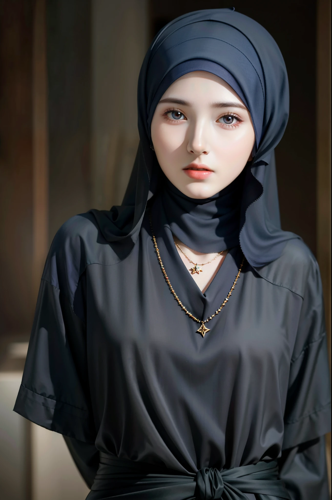 best quality, masterpiece, highreoslem female dress:1.4), necklace, Beautiful face, (upon body from head to waist:1.37), tyndall effect, photorealistic, dark studio, rim lighting, two tone lighting, 8k uhd, dslr, soft lighting, high quality, volumetric lighting, candid, Photograph, high resolution, 4k, 8k, Bokeh, (hyperrealistic girl), (illustration), (high resolution), (extremely detailed), (best illustration), (beautiful detailed eyeest quality), (ultra-detailed), (masterpiece), (wallpaper), (photorealistic), (natural light), (rim lighting), (detailed face), (high detailed realistic skin texture), (anatomically correct), (solo), (1 girl), (heterochromic eyes), (detailed eyes), (sparkling eyes), (long legs), (dynamic pose), (concentrated expression), (wearing hijab:1.4), (moslem headscarf:1.37), reading glasses.