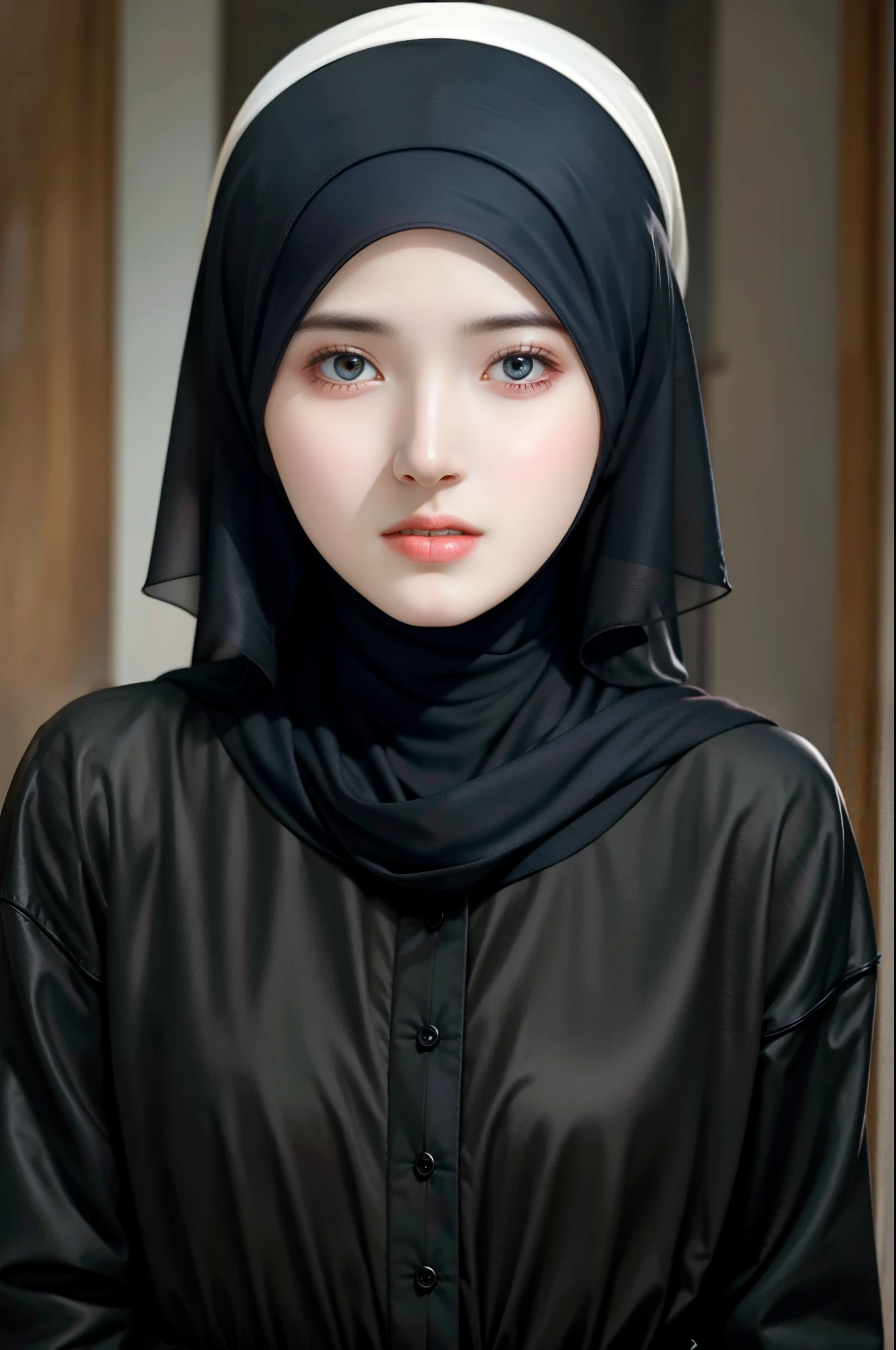 RAW photo of a 24 year old girl wearing hijab, satin abaya, satin, hijab face portrait, neutral background, 8k uhd, dslr, soft lighting, high quality, film grain, Fujifilm XT3, covered dress, decent dress