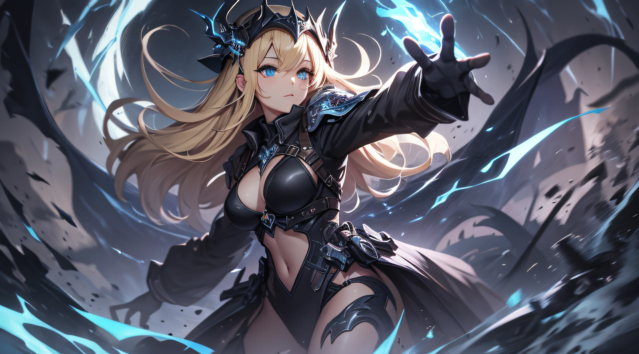 top-quality、Top image quality、masterpiece、Teenage girl((Black jacket、black mechanic body、Shining red body line、Black Bikini Armor、18year old、 Ager、Best Bust、big bast,Beautiful light blue eyes, Long Blonde Hair、A slender,Large valleys、Reflecting the whole body、black mechanic helmet、Black visor、mechanical red sword、Black wings、rear cable、mid air、flying though the air,fighting poses)),hiquality、Beautiful Art、Background with((Dark world、Darknesian dragon army、demon realm))masterpiece、depth of fields,Japan Anime Style