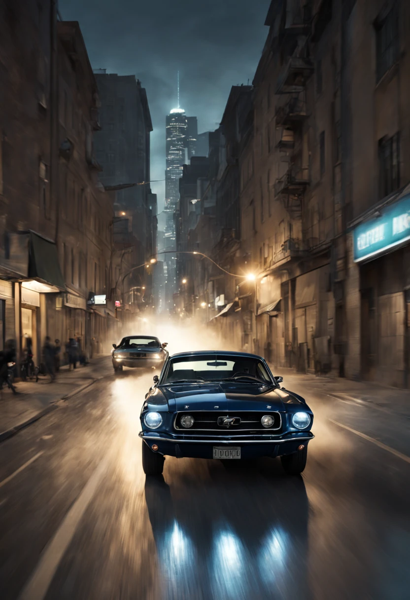 High-Speed Pursuit: John drives his Mustang, initiating a high-speed chase.
Through the City: The chase weaves through narrow city streets, John skillfully maneuvering his car while the gang follows closely, night, cinematic, lens flare, good angle,