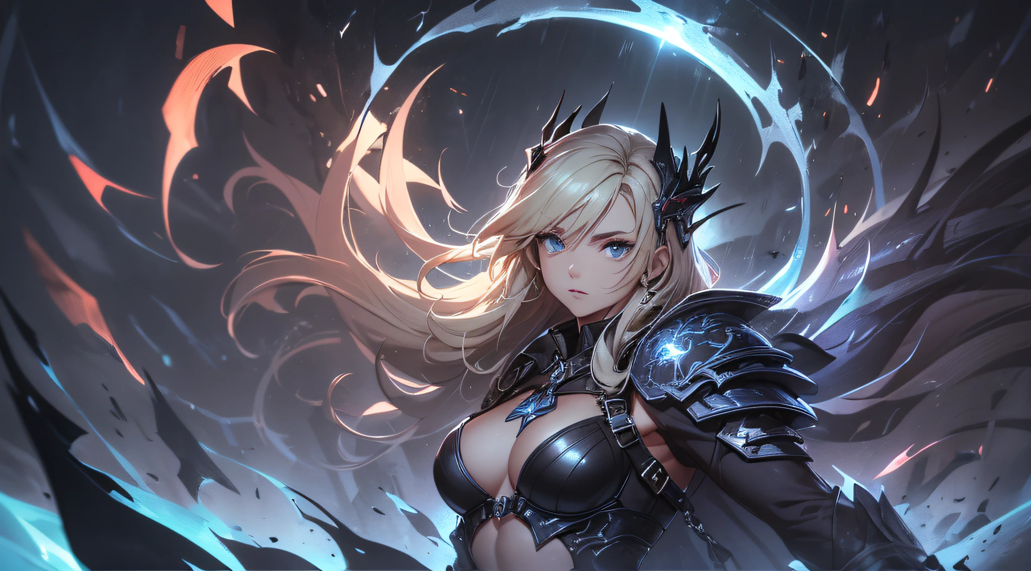 top-quality、Top image quality、masterpiece、 girl((Black jacket、black mechanic body、Shining red body line、Black Bikini Armor、18year old、 Ager、Best Bust、big bast,Beautiful light blue eyes, Long Blonde Hair、A slender,Large valleys、Reflecting the whole body、black mechanic helmet、Black visor、mechanical red sword、Black wings、rear cable、mid air、flying though the air,fighting poses)),hiquality、Beautiful Art、Background with((Dark world、Darknesian dragon army、demon realm))masterpiece、depth of fields,Japan Anime Style