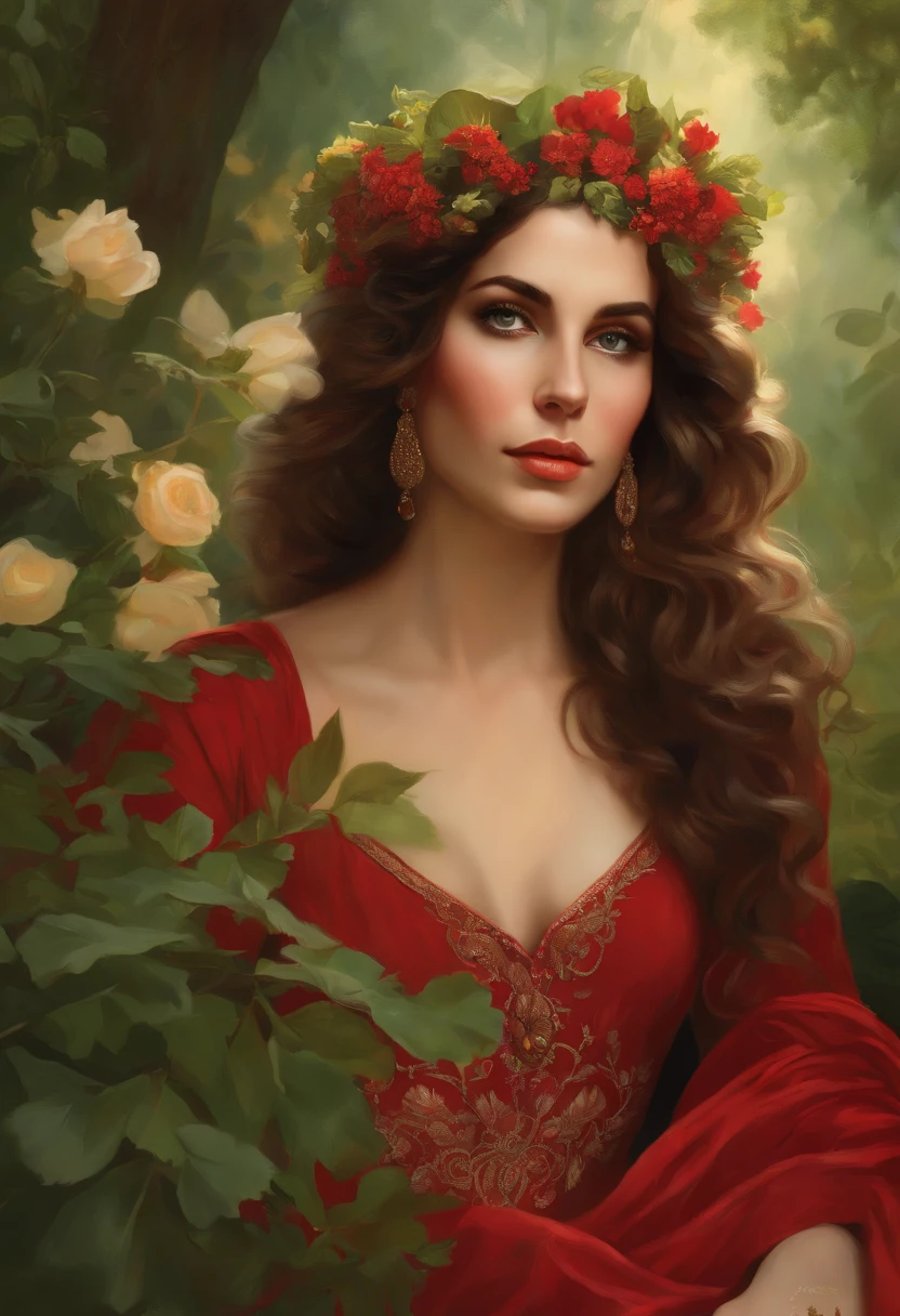 Painting of a beautiful and sexy woman, green eyes, ((with long medusa hair, falling over her shoulders)) and an embroidered dress, ((Spanish gypsy, from the Victorian Era)), ((Lana Del Rey style)), wearing a red dress with a V-neck corset and embroidery, in the background forest and flowers, Bowater art style, baroque digital painting, Renaissance digital painting, masterpiece! inspired by Franz Xaver Winterhalter, inspired by Friedrich von Amerling, beautiful character painting, beautiful digital painting, inspired by Thomas Lawrence, beautiful yywater painting, refraction, reflections, mirrors, prisms, sunlight, bright lights!! Complex, elegant, highly detailed digital painting, art station, concept art, sharp and soft focus, illustration, art by ( ( ( ( Artgerm ) ) ) ) and ( Greg Rutkowski )! and (((Alphonse Mucha))), eyes reflecting in eyes reflecting to infinity