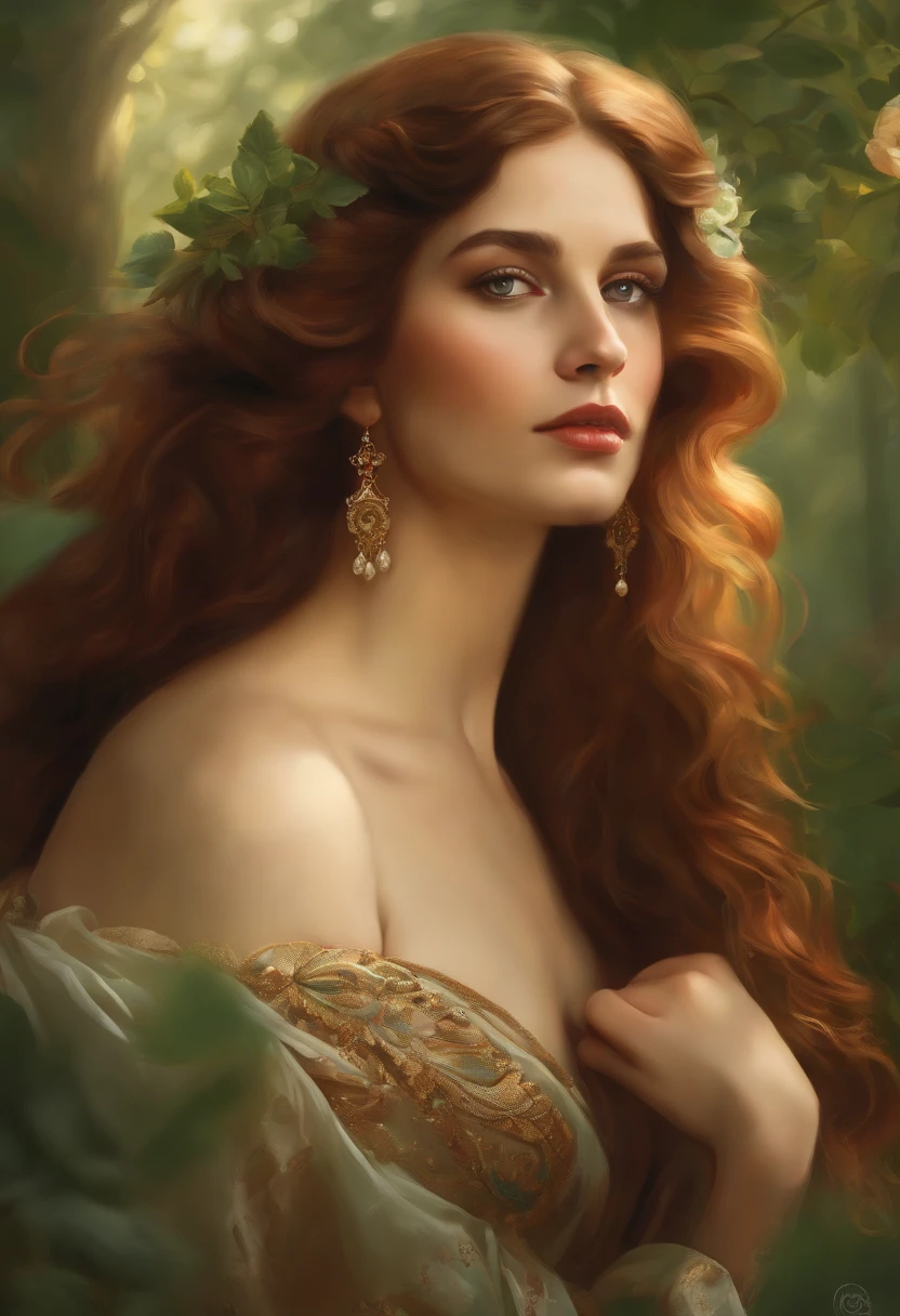 Painting of a beautiful and sexy woman, green eyes, ((with long medusa hair, falling over her shoulders)) and an embroidered dress, ((Spanish gypsy, from the Victorian Era)), ((Lana Del Rey style)), wearing a dress with a V-neck corset and embroidery, in the background forest and flowers, Bowater art style, baroque digital painting, Renaissance digital painting, masterpiece! inspired by Franz Xaver Winterhalter, inspired by Friedrich von Amerling, beautiful character painting, beautiful digital painting, inspired by Thomas Lawrence, beautiful yywater painting, refraction, reflections, mirrors, prisms, sunlight, bright lights!! Complex, elegant, highly detailed digital painting, art station, concept art, sharp and soft focus, illustration, art by ( ( ( ( Artgerm ) ) ) ) and ( Greg Rutkowski )! and (((Alphonse Mucha))), eyes reflecting in eyes reflecting to infinity