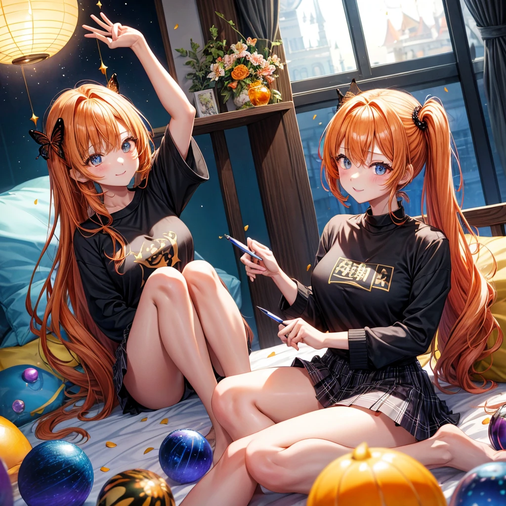 Orange hair、poneyTail、verd s eyes、one good looking girl、独奏、animesque、lightly dressed、Plaid miniskirt、a black T-shirt、fullmoon、Meteor swarm、large tree、Glittering starry sky、rainbow butterfly flying、Colorful marbles、sitting on、golden castle、flower petals、thread、Skysky、inside in room、holding pillow