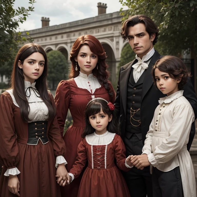 foto de una familia londinense, man, Mujer con cabello rojo, dos hijos, from the 1800s in period attire