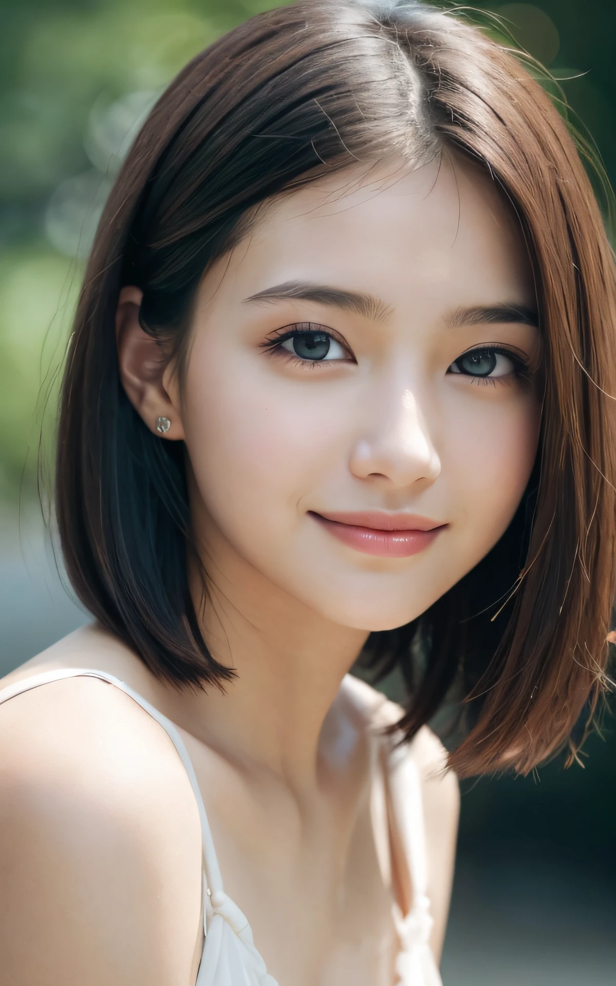 masutepiece, Best Quality, 8K, 1 girl, 20 yo, Closed mouth, Little smile, close-up, Close-up of face, Solo, Cute, Girly, Delicate girl, Neat and clean beauty, Raw photo, Professional Photography, Portrait, Soft light, Professional Lighting, Back lighting, Look away, looking at away, Sophisticated, Film grain, (Eyes and faces with detailed:1.0), Short-length floating hair, Beautiful flowing hair,