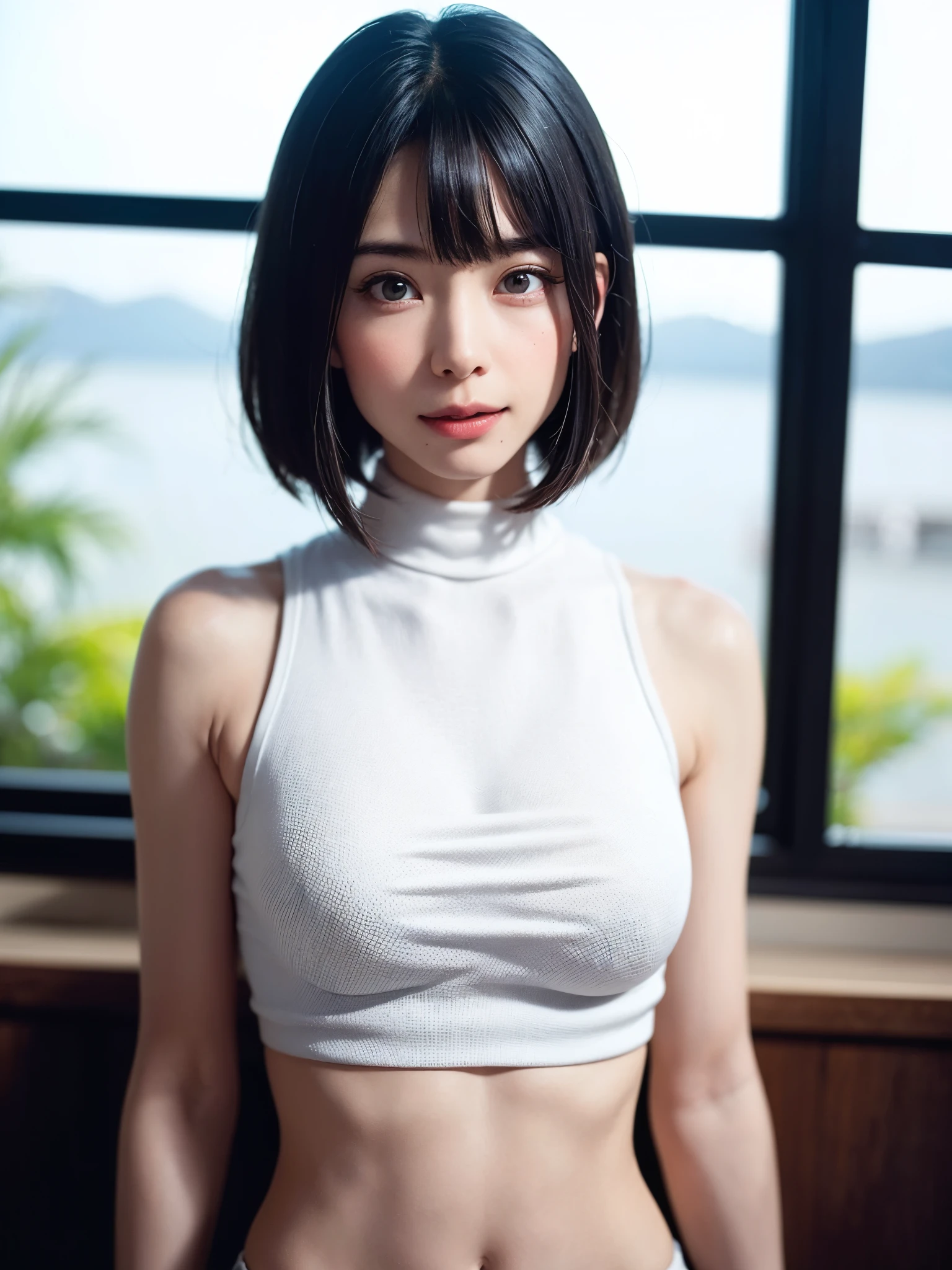 (masutepiece, top-quality、face focus focus、Armpit focus、navel focus、decolletage focus、underboob、Very attractive beauty、Add intense highlights to the eyes、Look firmly at the camera:1.4、A beautiful woman full of charm、Ideal ratio body proportions、Perfect Anatomy、Brunette Short Bob Hair、Lustrous hair、bangss:1.4、46 point shiny bangs:1.4、lipgloss),1girl in, report, Light brown shiny hair, muffler,realisitic, looking at the viewers、Tilt your head slightly, Bright colored crystal light blue eyes, short shiny hair、 White turtleneck outfit with a hole in the center of the chest,Sexy white turtleneck knit sweater with a round hole in the middle of the chest、 s lips, lipgloss, The upper part of the body、big eye、Lashes、A little red in the face、Embarrassing)、((Italian winter window scenery))、((short hair with big eyes、Put very strong highlights in your students、{Gigantic|Big|Huge|Mega} breasts:1.4、beautiful deep valley、very Bigger breasts:1.4、gazing at viewer、Very beautiful beauty、Put your ears out、Long and beautiful Zhu Lake 1.4、、smil、Happy:1.4、Beautiful teeth、Open your mouth and laugh、Very cute smile、Heart-shaped pupil))、28 year old、Very cute supermodel、(((bangss、shiny bangs)))