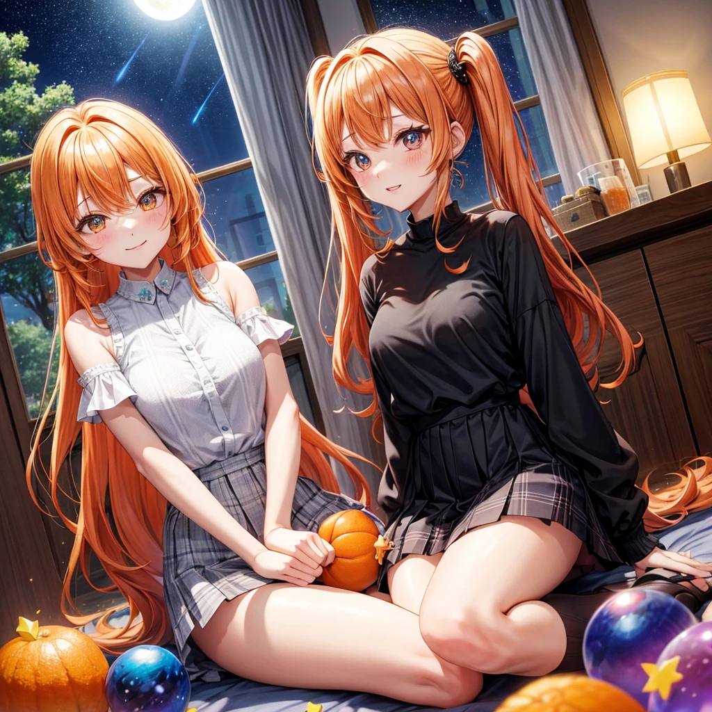 Orange hair、poneyTail、verd s eyes、one good looking girl、独奏、animesque、lightly dressed、Plaid miniskirt、a black T-shirt、fullmoon、Meteor swarm、large tree、Glittering starry sky、rainbow butterfly flying、Colorful marbles、sitting on、golden castle、flower petals、thread、Skysky、inside in room、holding pillow