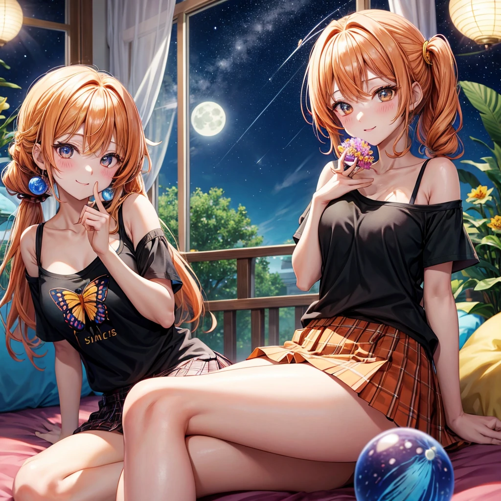 Orange hair、poneyTail、verd s eyes、one good looking girl、独奏、animesque、lightly dressed、Plaid miniskirt、a black T-shirt、fullmoon、Meteor swarm、large tree、Glittering starry sky、rainbow butterfly flying、Colorful marbles、sitting on、golden castle、flower petals、thread、Skysky、inside in room、holding pillow