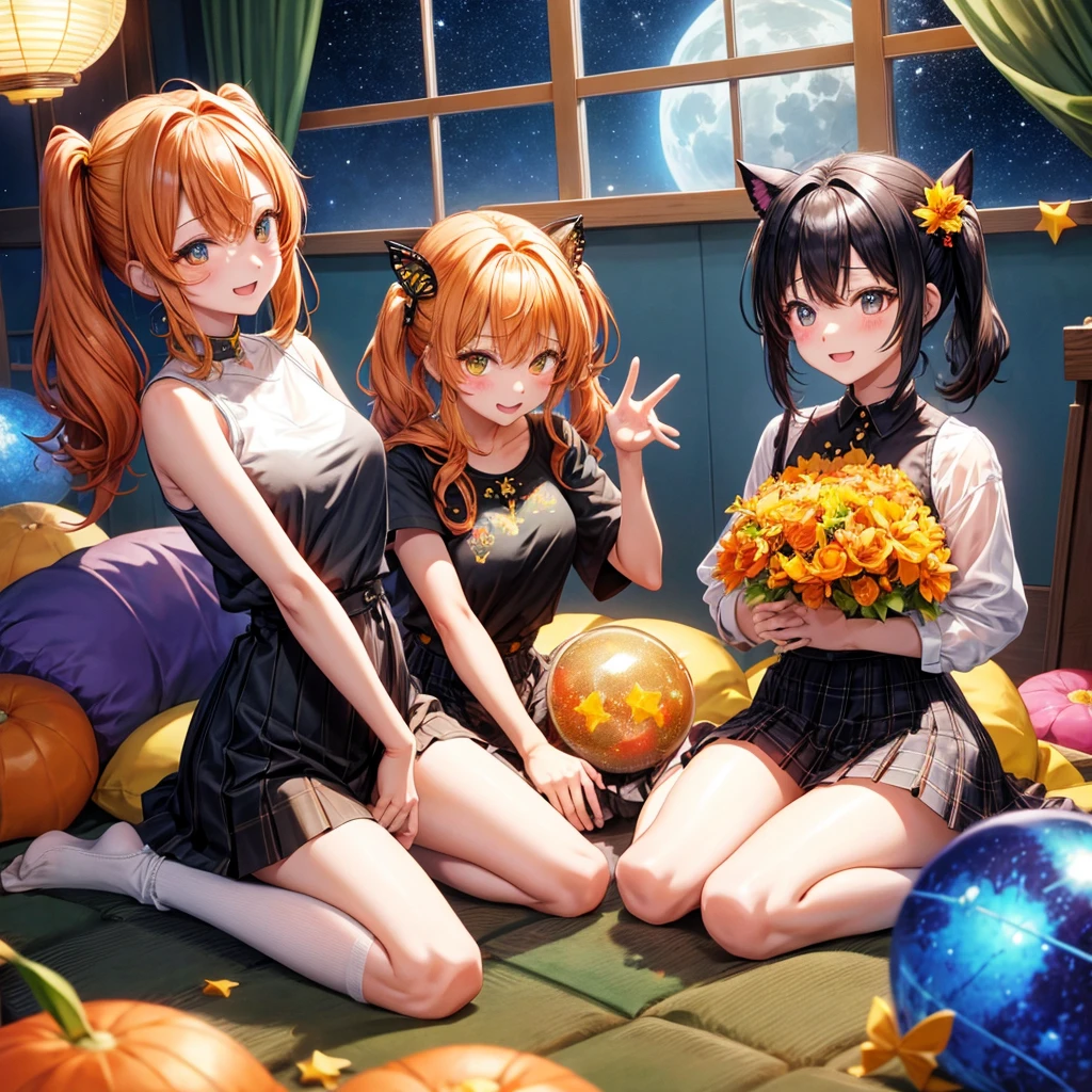 Orange hair、poneyTail、verd s eyes、one good looking girl、独奏、animesque、lightly dressed、Plaid miniskirt、a black T-shirt、fullmoon、Meteor swarm、large tree、Glittering starry sky、rainbow butterfly flying、Colorful marbles、sitting on、golden castle、flower petals、thread、Skysky、inside in room、holding pillow