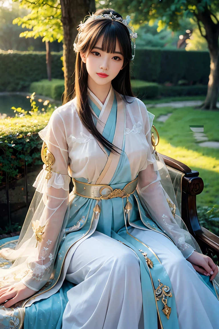(best quality,4k,8k,highres,masterpiece:1.2),ultra-detailed,(realistic,photorealistic,photo-realistic:1.37),beautiful detailed eyes,beautiful detailed lips,extremely detailed face,long eyelashes,1girl,traditional Korean Hanbok,ornate headpiece,delicate embroidery,rich colors,opulent jewelry,confident expression,slight smile,enchanting atmosphere,royal garden backdrop,lush foliage,serene pond,floral arrangements,soft sunlight filtering through trees,elegant pose,graceful posture,feminine silhouette,subtle movement,ethereal aura,sublime craftsmanship,neoclassical painting style,immaculate brushstrokes,meticulous attention to detail,vivid and vibrant colors,captivating composition,harmonious color palette,luscious color gradients,soft and gentle lighting,subtle golden accents.