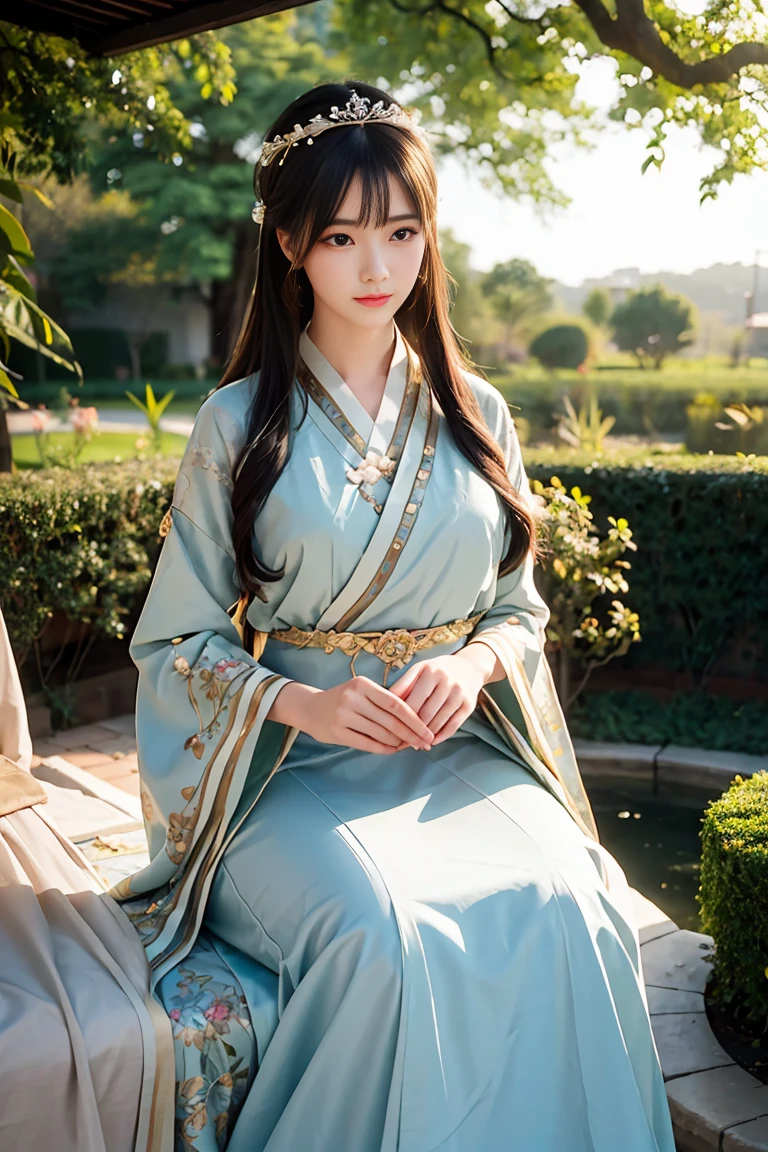 (best quality,4k,8k,highres,masterpiece:1.2),ultra-detailed,(realistic,photorealistic,photo-realistic:1.37),beautiful detailed eyes,beautiful detailed lips,extremely detailed face,long eyelashes,1girl,traditional Korean Hanbok,ornate headpiece,delicate embroidery,rich colors,opulent jewelry,confident expression,slight smile,enchanting atmosphere,royal garden backdrop,lush foliage,serene pond,floral arrangements,soft sunlight filtering through trees,elegant pose,graceful posture,feminine silhouette,subtle movement,ethereal aura,sublime craftsmanship,neoclassical painting style,immaculate brushstrokes,meticulous attention to detail,vivid and vibrant colors,captivating composition,harmonious color palette,luscious color gradients,soft and gentle lighting,subtle golden accents.
