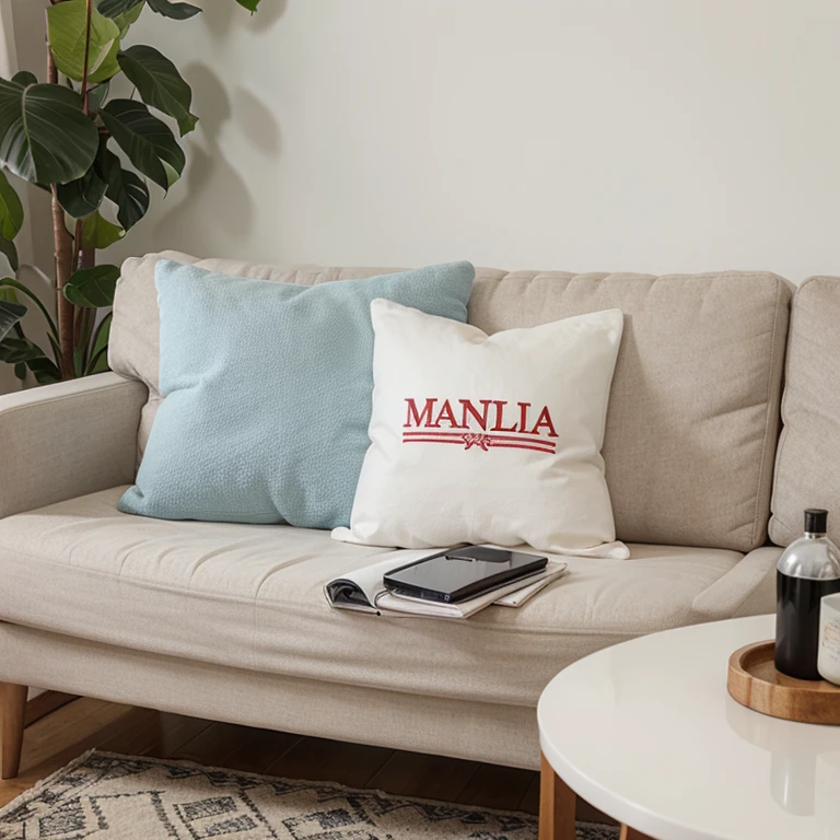 personalized product advertisement,white objects,Caneca,chaveiro,azulejo,chinelo,sofa with pillows,fami,mesa de centro,porta,janela,camisetas,Regatas,caixas de presente brancas