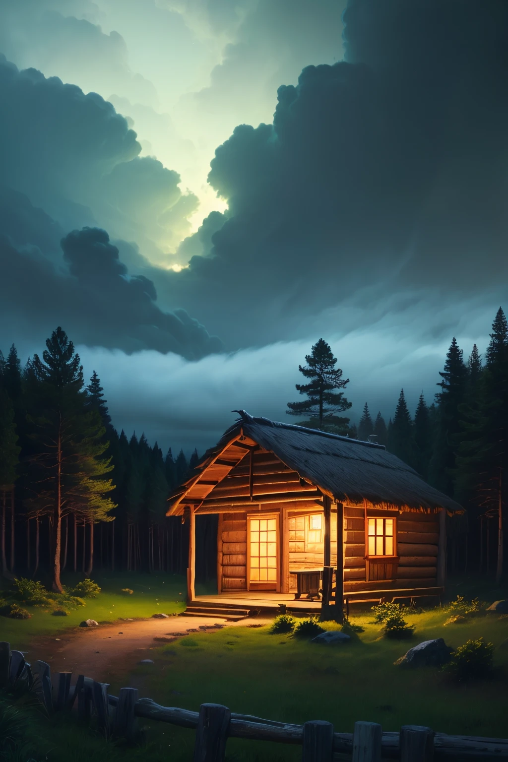 wide view scene of a hut in the woods with pine trees, cloudy sky, night, fencing, no human, masterpiece, beautiful color palette
