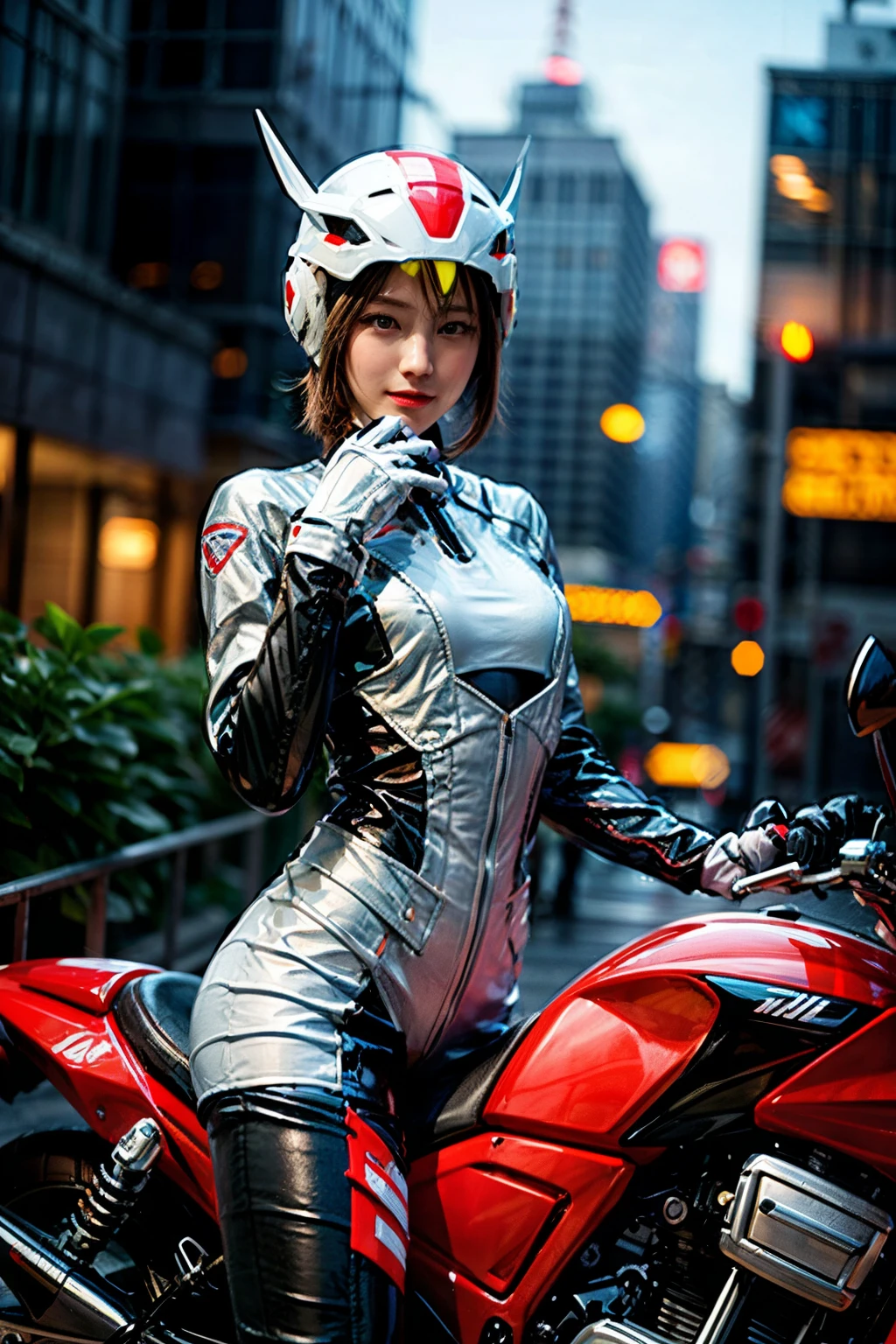 Highest image quality, excellent details, Ultra-high resolution, (fidelity: 1.4), The best illustrations, favor details, Highly condensed 1girl, with a delicate and beautiful face, Dressed in a pink and white mecha, Wearing a mecha helmet, holding a directional controller, riding on motorcycle, a small face、the background is a high-tech lighting scene of the futuristic city.