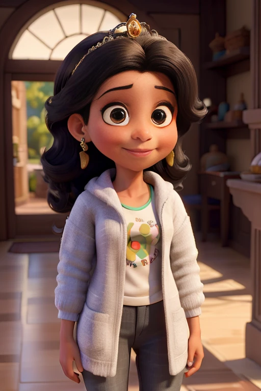Obra-prima, de melhor qualidade, uma garota parecida com a princesa Jasmine, usando um moletom, com cabelo liso longo preto