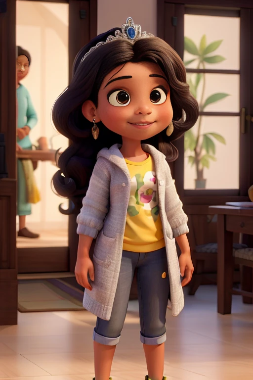 Obra-prima, de melhor qualidade, uma garota parecida com a princesa Jasmine, usando um moletom, com cabelo liso longo preto