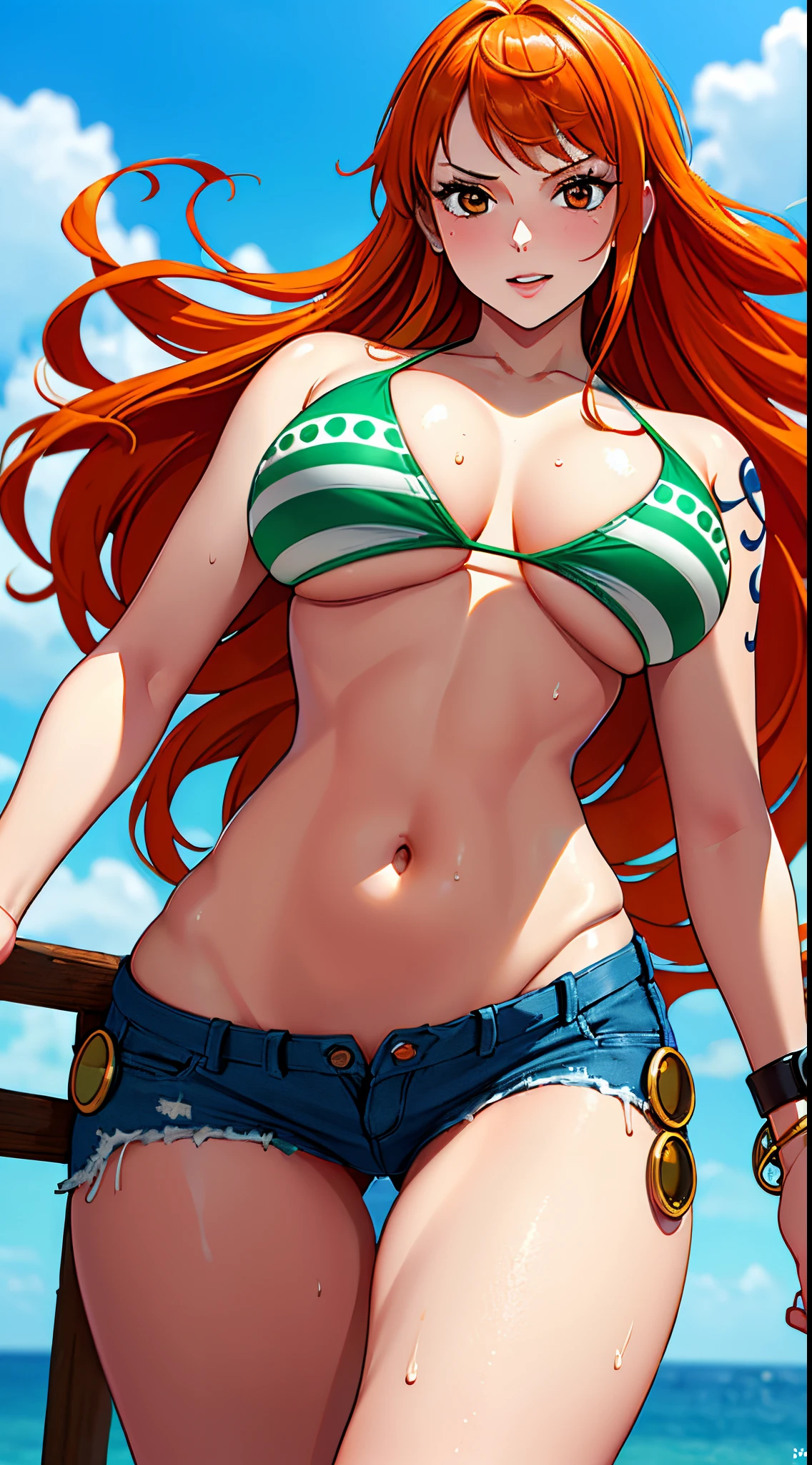 (((masterpiece+best quality+high resolution+ultra-detailed))), 1girl with clima-tact, Nami, long silky orange hair, high nose, sharp eyes, noble and inviolable temperament, (([female]: 1.2 + [beauty]: 1.2 + orange long hair: 1.2)), pirate ship background, blue sky, clouds, log pose, gold bracelets, revealing green and white microbikini halter top, tight low-rider jeans, shoulder tattoo, bright eyes, dynamic angle and posture., soaked in sweat, sweating,thin weist, wide hips, areola slip