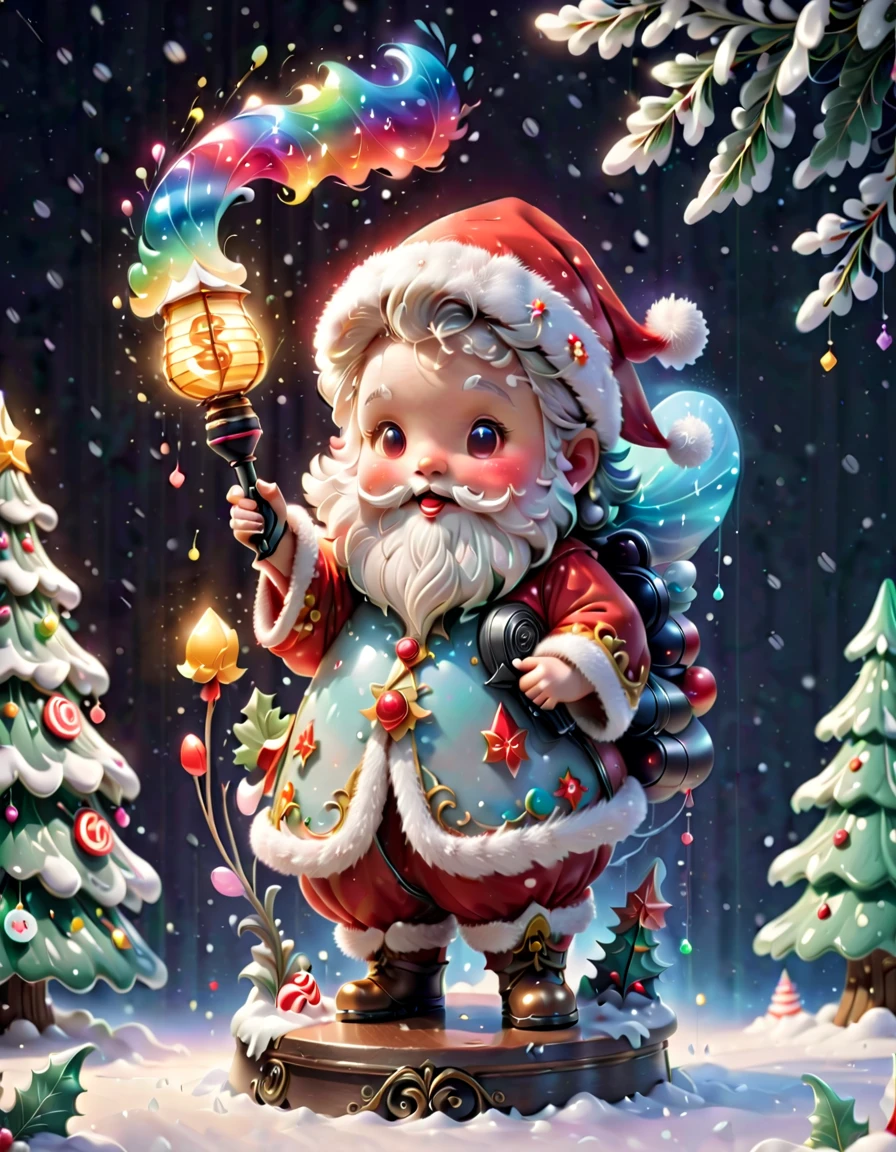 chalk gray style, ((1 glowing magical cute Santa Claus)),((Singing with a microphone)), ((Syllable symbols floating in the air)),Christmas tree,Lantern,pompon,Candy elements,Snowy days,8K, Irridescent color, kawaii, cute big breasts, number art, high qulity, The is very detailed, 3Drenderingof,Bright colorinimalist style,Disney style,translucent