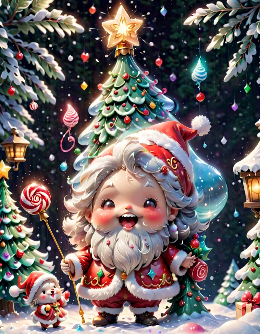 chalk gray style, ((1 glowing magical cute Santa Claus))，((Singing with a microphone)), ((Syllable symbols floating in the air))，Christmas tree，Lantern，pompon，Candy elements，Snowy days，8K, Irridescent color, kawaii, cute big breasts, number art, high qulity, The is very detailed, 3Drenderingof，Bright colorinimalist style，Disney  style，translucent