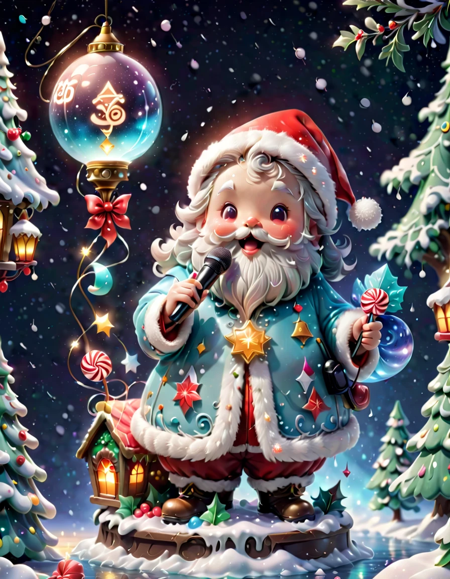 chalk gray style, ((1 glowing magical cute Santa Claus)),((Singing with a microphone)), ((Syllable symbols floating in the air)),Christmas tree,Lantern,pompon,Candy elements,Snowy days,8K, Irridescent color, kawaii, cute big breasts, number art, high qulity, The is very detailed, 3Drenderingof,Bright colorinimalist style,Disney style,translucent