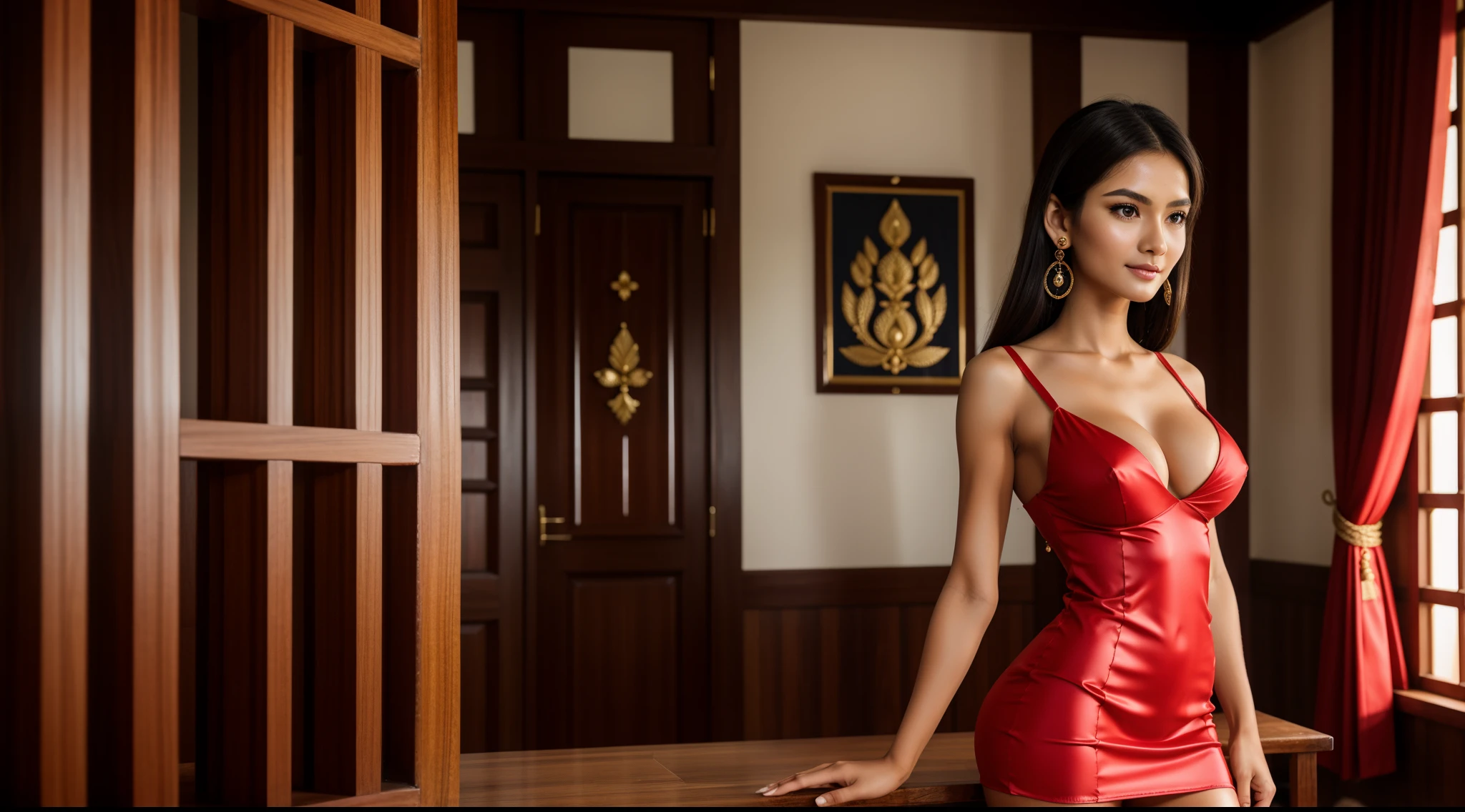 ((a girl (stand:1.2) (alone:1.6) in a room)),((full-body:1.2, cinematic-shot)),(best quality,4k,8k,highres,masterpiece:1.2),ultra-detailed,(realistic,photorealistic,photo-realistic:1.37),(beautiful and aesthetic:1.2),(film grain:1.3).

[(1girl),(solo),((1 person)),(17years-old),[Rara-Eka-Danti],pearl skin,(skin pores:1.1),beautiful detailed eyes,beautiful detailed lips,extremely detailed eyes,longeyelashes,extremely detailed face and skin texture,(skin texture:1.1),black hair,tall and slender body,(192cm tall),thin and delicate figure,graceful posture,flawless skin,defined abs,perfect curves,feminine appearance,beautiful long legs,embodying elegance and beauty,(cleavage breasts,large breasts:1.4),((wearing a (red ultra-short traditional minidress:1.4))),extremely detailed and realistic (red) clothes,(shiny skin),((sharp focus:1.5)),(earringeathers:1.5),(happy expression,full smile)].

[Indonesian traditional room, wooden furniture, intricate carvings, ornate decorations, vibrant colors, batik textiles, natural lighting, teak wood craftsmanship, traditional artwork, antique objects, wooden sculptures, rich cultural heritage, traditional architecture].

Official art,extremely detailed,Angelic ethereal beauty,award-winning photography,professional photography,depth-of-field,bokeh.