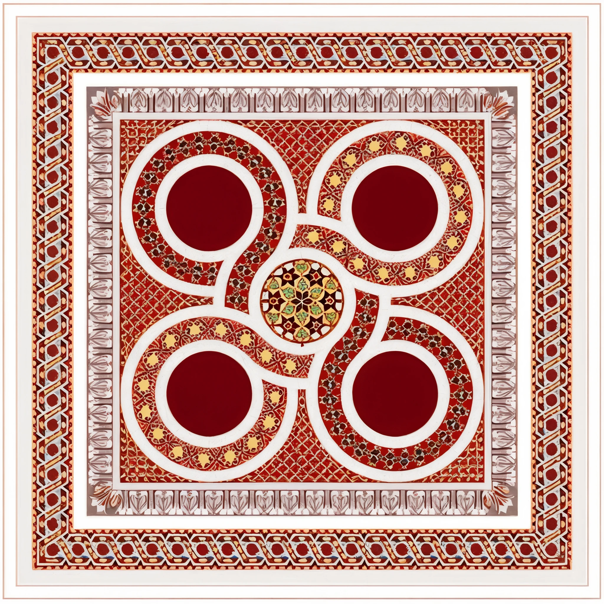 a red and white square with a pattern of circles and a flower, persian design, elaborate geometric ornament, ornate geometric patterns, geometric ornament, symmetric indian pattern, detiled, shipibo patterns, symmetric pattern, versace pattern, classical ornamental design, on a mosaic marble floor dais, symmetrical design, art nouveau floor pattern, geometric patterns ornaments