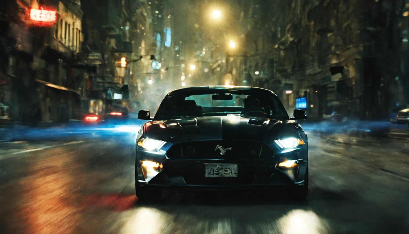 High-Speed Pursuit: John drives his Mustang, initiating a high-speed chase.
Through the City: The chase weaves through narrow city streets, John skillfully maneuvering his car while the gang follows closely, night, cinematic, lens flare, good angle,