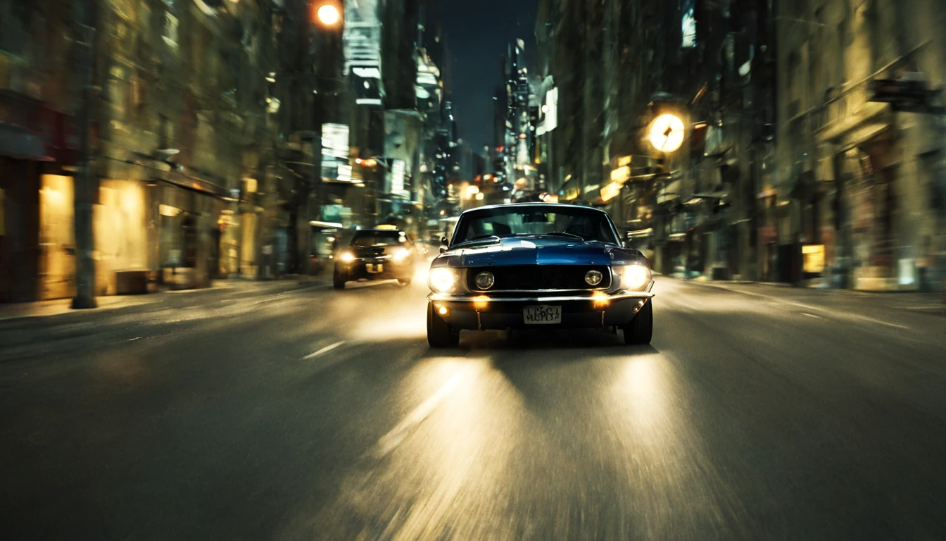High-Speed Pursuit: John drives his Mustang, initiating a high-speed chase.
Through the City: The chase weaves through narrow city streets, John skillfully maneuvering his car while the gang follows closely, night, cinematic, lens flare, good angle,