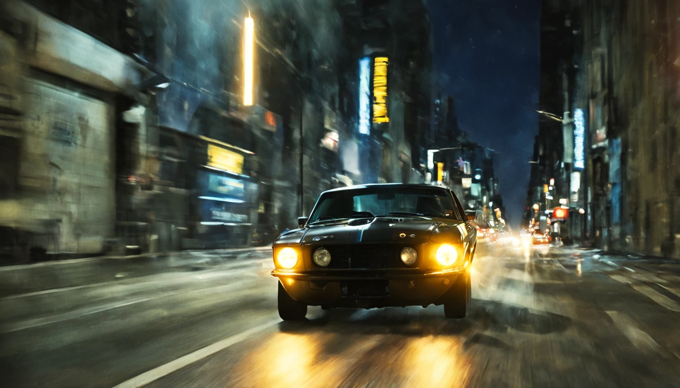 High-Speed Pursuit: John drives his Mustang, initiating a high-speed chase.
Through the City: The chase weaves through narrow city streets, John skillfully maneuvering his car while the gang follows closely, night, cinematic, lens flare, good angle,
