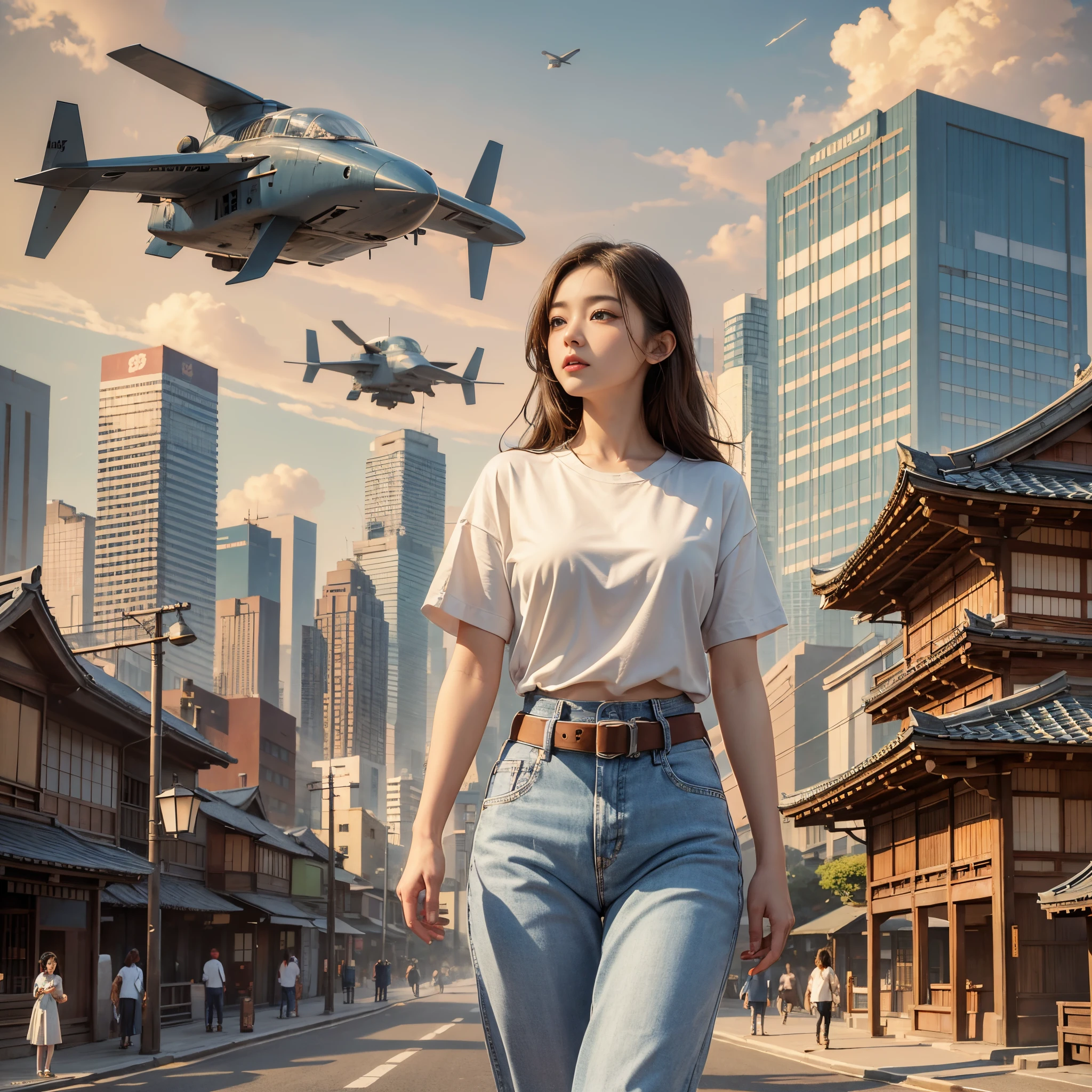 (Raw photo:1.2), (Photorealistic), Beautiful detailed girl, Very detailed eyes and face, Beautiful detailed eyes, Huge file size, High resolution, Very detailed, Best Quality, [masutepiece:1.6], Illustration, Very detailed, Fine detail, Best Quality, 8K Wallpaper, Movie Lighting, 15 year old schoolgirl, tshirts、JINS,Japan&#39;s old Edo period townscape, A car that flies in the sky like a futuristic city, tiny chest, Loose T-shirt, Old townscape, Skyscrapers in the distance, evening glow, Cars flying in the sky, red five-storied pagoda, walk while looking up at the sky