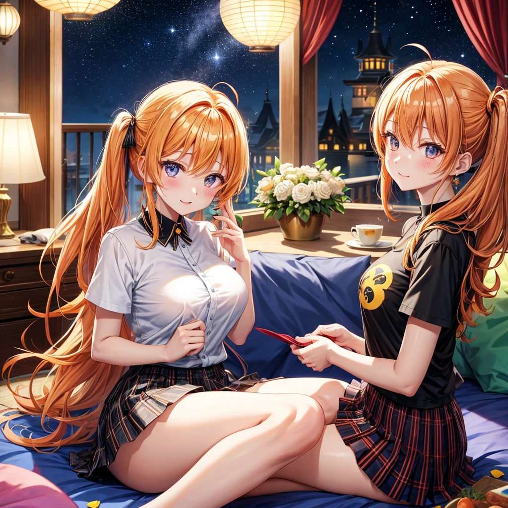 Orange hair、poneyTail、verd s eyes、one good looking girl、独奏、animesque、lightly dressed、Plaid miniskirt、a black T-shirt、fullmoon、Meteor swarm、large tree、Glittering starry sky、rainbow butterfly flying、Colorful marbles、sitting on、golden castle、flower petals、thread、Skysky、inside in room、holding pillow