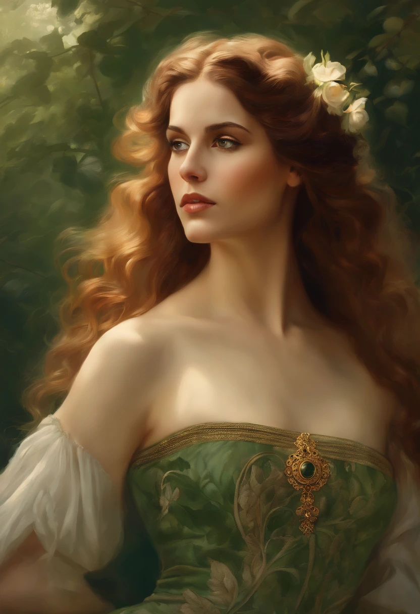 Painting of a beautiful and sexy woman, green eyes, ((with long medusa hair, falling over her shoulders)) and an embroidered dress, ((Spanish gypsy, from the Victorian Era)), ((Lana Del Rey style)), wearing a dress with a V-neck corset and embroidery, in the background forest and flowers, Bowater art style, baroque digital painting, Renaissance digital painting, masterpiece! inspired by Franz Xaver Winterhalter, inspired by Friedrich von Amerling, beautiful character painting, beautiful digital painting, inspired by Thomas Lawrence, beautiful yywater painting, refraction, reflections, mirrors, prisms, sunlight, bright lights!! Complex, elegant, highly detailed digital painting, art station, concept art, sharp and soft focus, illustration, art by ( ( ( ( Artgerm ) ) ) ) and ( Greg Rutkowski )! and (((Alphonse Mucha))), eyes reflecting in eyes reflecting to infinity