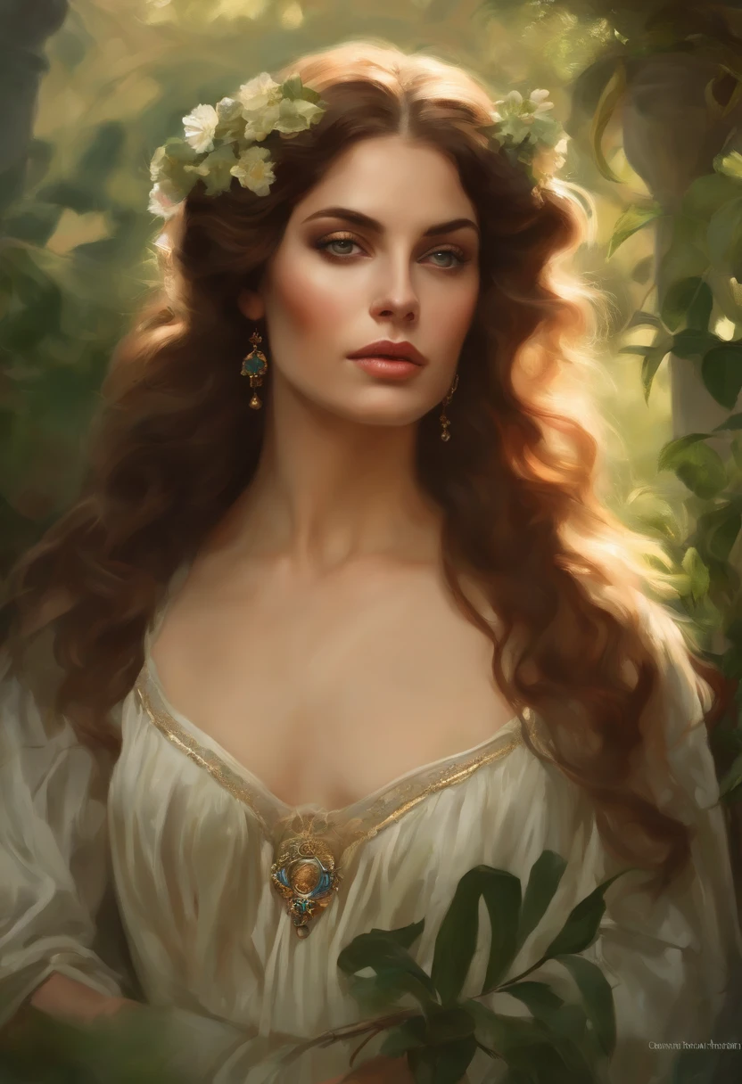 Painting of a beautiful and sexy woman, green eyes, ((with long medusa hair, falling over her shoulders)) and an embroidered dress, ((Spanish gypsy, from the Victorian Era)), ((Lana Del Rey style)), wearing a dress with a V-neck corset and embroidery, in the background forest and flowers, Bowater art style, baroque digital painting, Renaissance digital painting, masterpiece! inspired by Franz Xaver Winterhalter, inspired by Friedrich von Amerling, beautiful character painting, beautiful digital painting, inspired by Thomas Lawrence, beautiful yywater painting, refraction, reflections, mirrors, prisms, sunlight, bright lights!! Complex, elegant, highly detailed digital painting, art station, concept art, sharp and soft focus, illustration, art by ( ( ( ( Artgerm ) ) ) ) and ( Greg Rutkowski )! and (((Alphonse Mucha))), eyes reflecting in eyes reflecting to infinity
