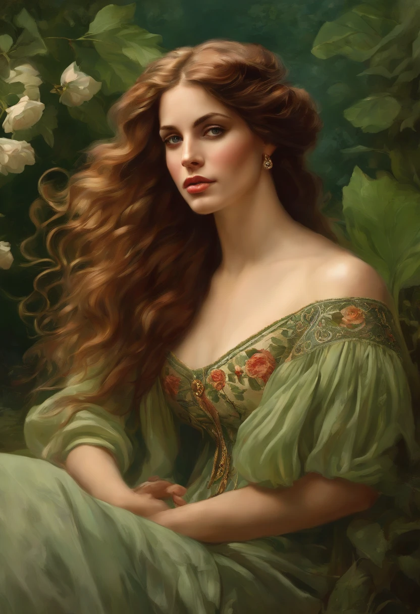 Painting of a beautiful and sexy woman, green eyes, ((with long medusa hair, falling over her shoulders)) and an embroidered dress, ((Spanish gypsy, from the Victorian Era)), ((Lana Del Rey style)), wearing a dress with a V-neck corset and embroidery, in the background forest and flowers, Bowater art style, baroque digital painting, Renaissance digital painting, masterpiece! inspired by Franz Xaver Winterhalter, inspired by Friedrich von Amerling, beautiful character painting, beautiful digital painting, inspired by Thomas Lawrence, beautiful yywater painting, refraction, reflections, mirrors, prisms, sunlight, bright lights!! Complex, elegant, highly detailed digital painting, art station, concept art, sharp and soft focus, illustration, art by ( ( ( ( Artgerm ) ) ) ) and ( Greg Rutkowski )! and (((Alphonse Mucha))), eyes reflecting in eyes reflecting to infinity