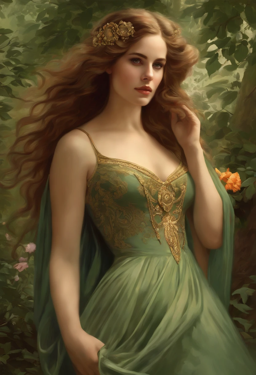 Painting of a beautiful and sexy woman, green eyes, ((with long medusa hair, falling over her shoulders)) and an embroidered dress, ((Spanish gypsy, from the Victorian Era)), ((Lana Del Rey style)), wearing a dress with a V-neck corset and embroidery, in the background forest and flowers, Bowater art style, baroque digital painting, Renaissance digital painting, masterpiece! inspired by Franz Xaver Winterhalter, inspired by Friedrich von Amerling, beautiful character painting, beautiful digital painting, inspired by Thomas Lawrence, beautiful yywater painting, refraction, reflections, mirrors, prisms, sunlight, bright lights!! Complex, elegant, highly detailed digital painting, art station, concept art, sharp and soft focus, illustration, art by ( ( ( ( Artgerm ) ) ) ) and ( Greg Rutkowski )! and (((Alphonse Mucha))), eyes reflecting in eyes reflecting to infinity