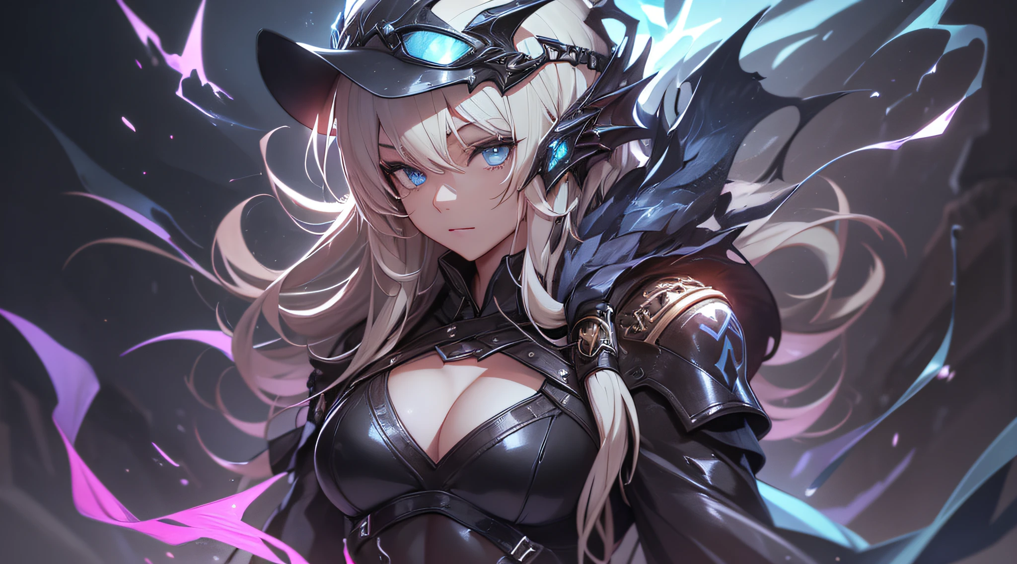 top-quality、Top image quality、​masterpiece、Teenage girl((Long coat in black、Black Leather Sports Bra、Shining red body line、Black leather gloves、Black leather pants、18year old、 Ager、Best Bust、big bast,Beautiful light blue eyes, Long Blonde Hair、A slender,Large valleys、Reflecting the whole body、black mechanic helmet、Black visor、With revolver、fighting poses)),hiquality、Beautiful Art、Background with((Dark world、Darknesian dragon army、demon realm))​masterpiece、depth of fields,Japan Anime Style