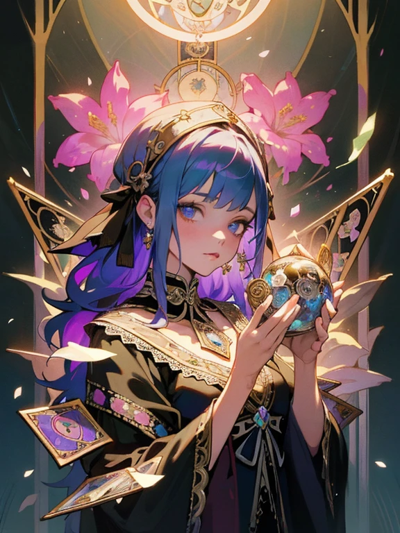 Top quality, masterpiece, high resolution, perfect detail, (very fine and beautiful: 1.1), (official art, beautifully aesthetic: 1.2), (fractal art: 1.3), (lots of flower effects: 1.4), 1girl, looking_at_viewer, portrait, solo, very vivid colorful, (many flower effects: 1.3), A lot of petals, beautiful light, Fine Beauty, (Detailed face with fine eyes: 1.1), (Beautiful and clear background: 1.1), a beautiful woman fortuneteller & crystal, (Tarot cards: 1.4), lace, ribbon, flowers and petals, beautiful concept illustration, A highly decorated fortune teller's tent stands in a dark alleyway, Inside, an ugly old woman in a strange gypsy costume sits at a table, her hands on a crystal ball and a Ouija board