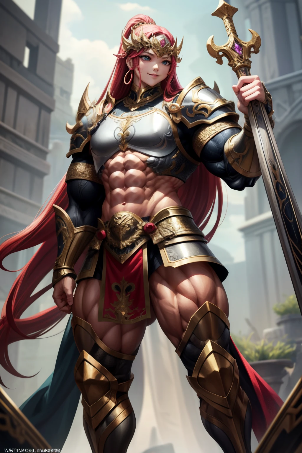 high detailed, 8k, wearing armour, long hair,smile, abs, fit, 1girl,  (muscular thighs),,ripped muscle, ,breast,