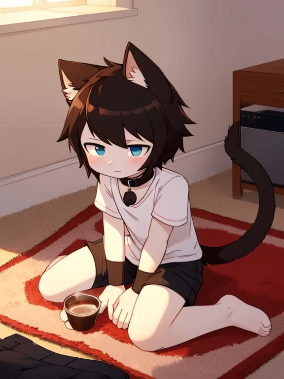 Young cat on carpet in room，With a cup of coffee in his hand，Cat ears，collars，The tail is in the right place，Kneeling，Black short sleeves+shorter pants