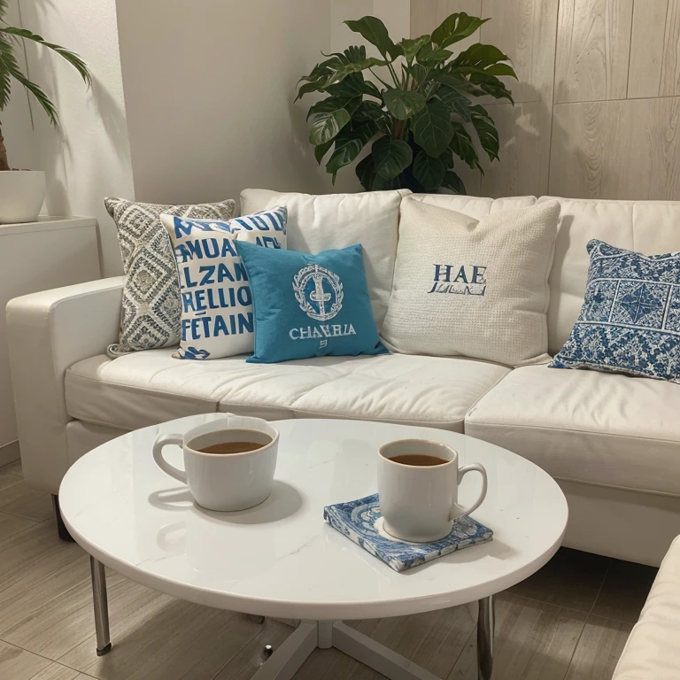 personalized product advertisement,white objects,Caneca,chaveiro,azulejo,chinelo,sofa with pillows,fami,mesa de centro,porta,janela,camisetas,Regatas,caixas de presente brancas ,family