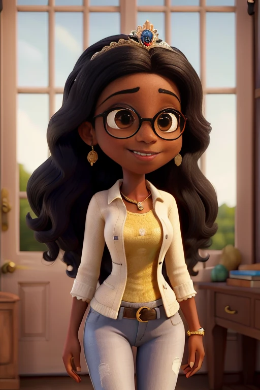 Obra-prima, de melhor qualidade, uma garota parecida com a princesa jasmine, morena de cabelo preto liso e longo (nao tem cabelo crespo). Ela usa oculos e esta usando moletom