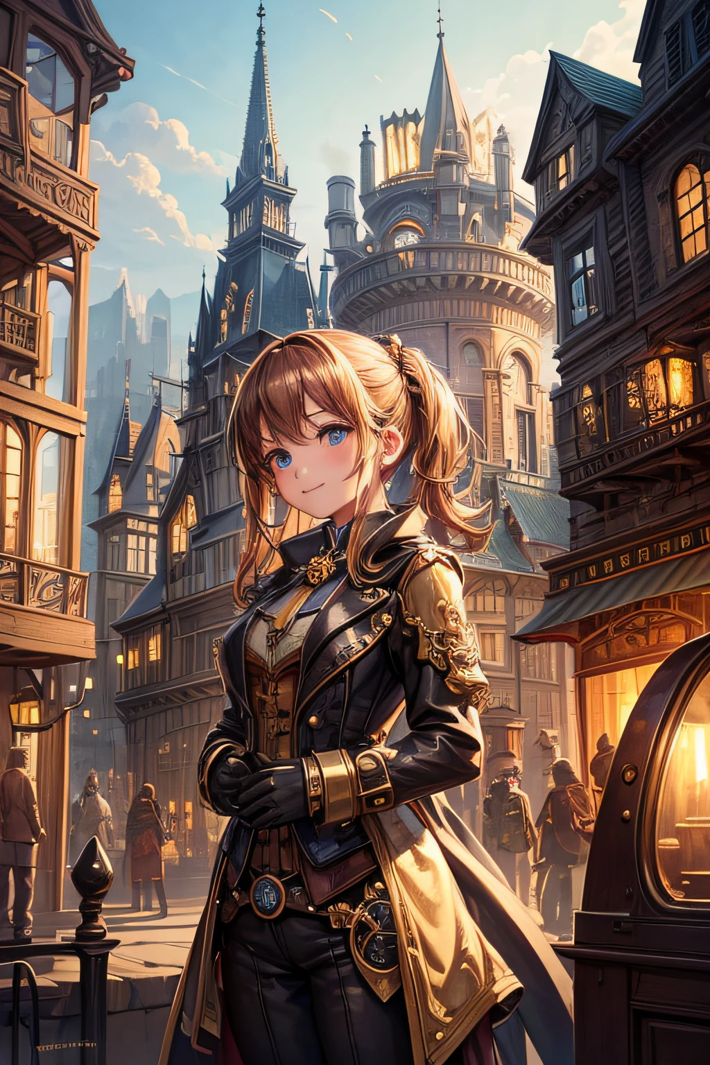 Create an illustration depicting a little girl overlooking a steampunk cityscape. The girl should be standing in a vantage point, Rooftops, bridges, etc., Look down on the intricately designed steampunk city below. The cityscape should be meticulous and detailed, Showcase the intricacies of gears, pipes, And glamorous architecture. Her expression was、It should be one of the surprises and curiosities when observing a bustling city full of mechanical wonders, blimp, And glamorous architecture. Surround the scene with a warm atmosphere, Golden light to enhance the atmosphere, Emphasize brass and copper tones of steampunk elements. Capturing the adventurous spirit and charm in the eyes of a girl, Reflecting the charm of the fantastic steampunk world around her. The whole illustration should have a nostalgic vibe, Girl smiles