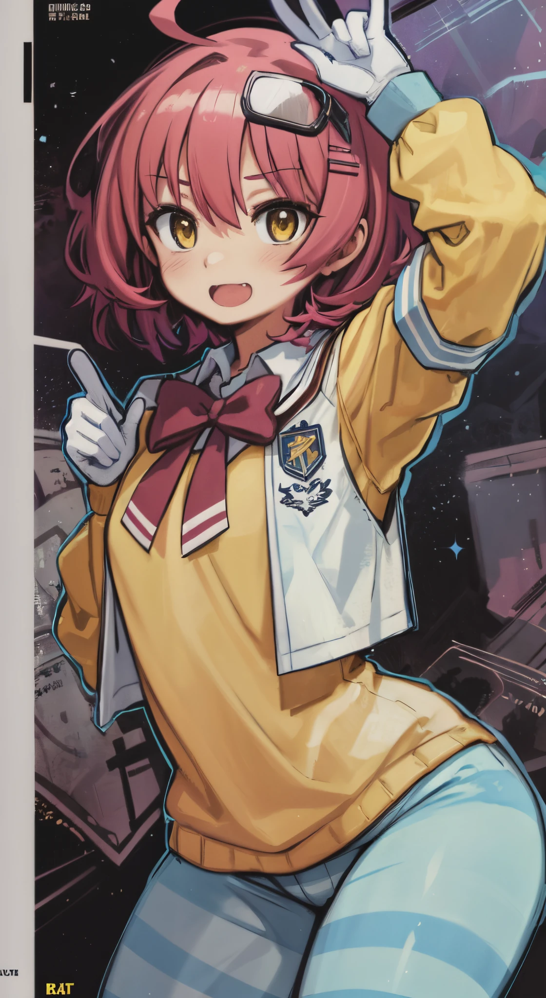 (Perfect body),Best Quality,16 K、NSFW、(((((Lori)))))、((((Short stature))))、blush、(V-shaped eyebrows)、:D、embarrassed from、((((Short hair))))、(hair messy)、waved hair、Ahoge、(Yellow eyes),((A pink-haired))、Yellow goggles on the head、yellow lean hair clip、(((School uniform)))、(White knee socks)、(Pink gloves)、Yellow jacket、((Light blue striped pants aslat chest)))、(((thick thighs)))、spreading legs、Armpits、Electronic space、